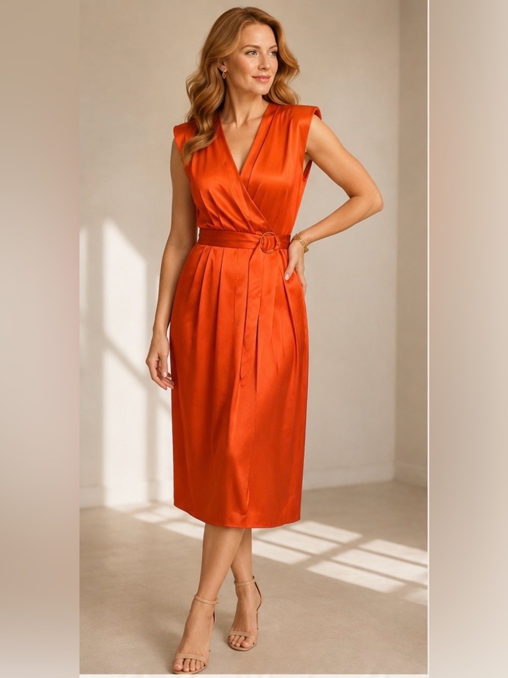 NWT Marciano Los Angeles Pimento Orange Satin Wrap Midi Dress Belt XL $198